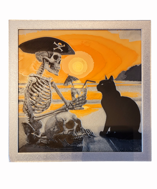 Skeleton and cat drinking on the beach